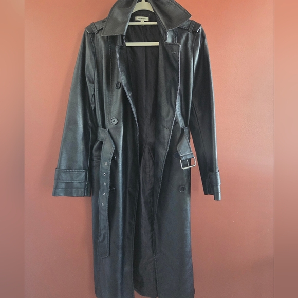 Max Studio Black Faux Leather Long Trench Coat Belted Matrix Style Size S - Picture 9 of 13